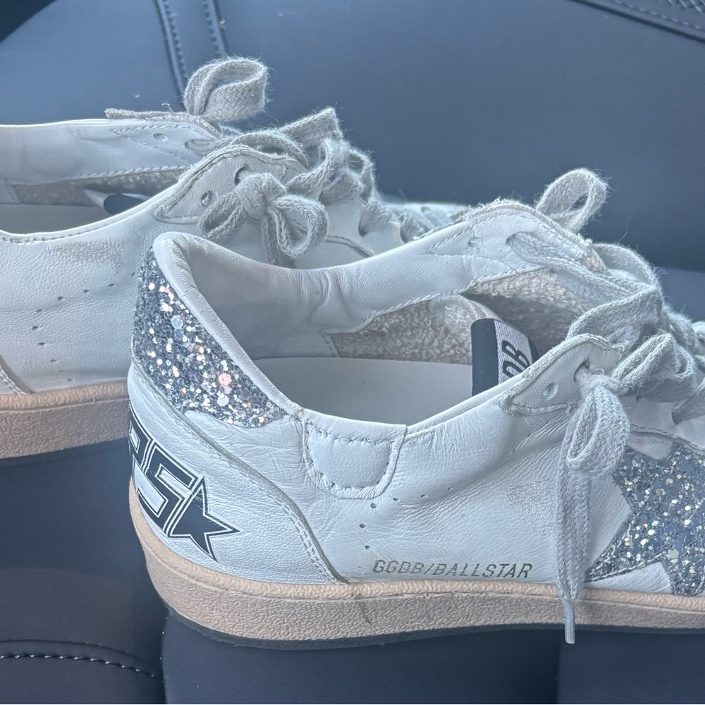 Golden Goose White and Silver Glitter Ball Star Sneakers